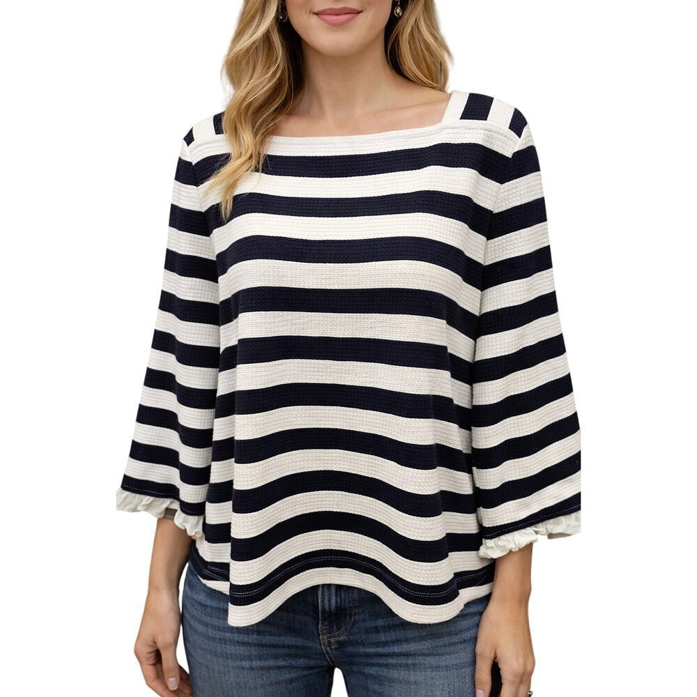Navy Blue White Waffle Knit 3/4 Sleeve Sweater XL Petite